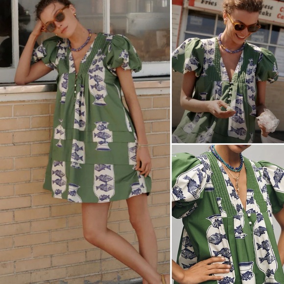 Hunter Bell Wilkes Dress Herring Green Puff Sleeve Cotton Size Medium NWT - Picture 5 of 17